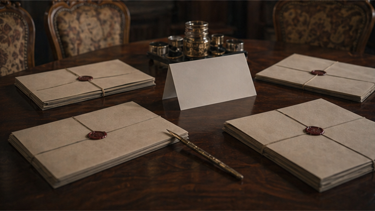 Formal agreement table with sealed documents, wax seals, a blank folded note, and a fountain pen