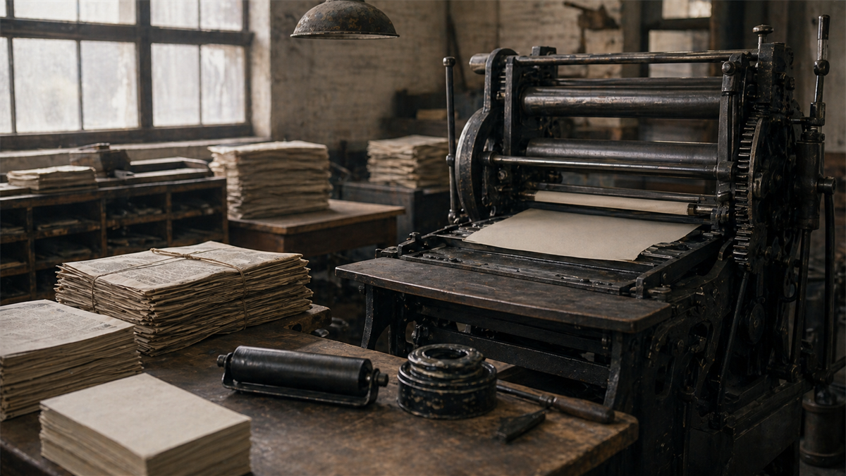 Old print shop with a black iron printing press, blank paper stacks, and bundled newspapers