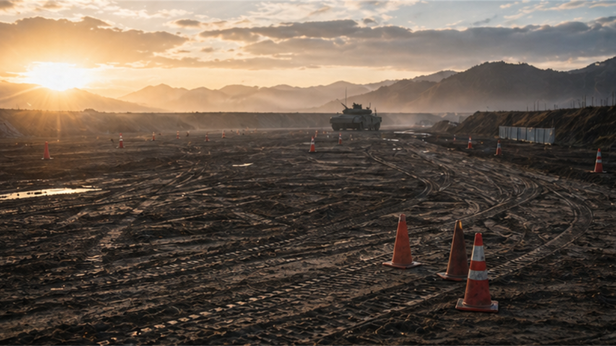 Empty training range at dawn with tire tracks, safety cones, and distant armored vehicle silhouette