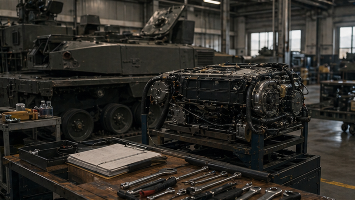 Maintenance and inspection bay with generic armored vehicle parts and tools