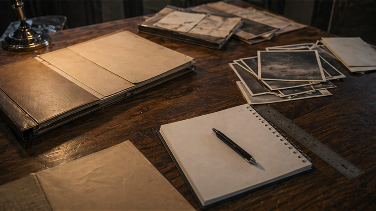 Accident investigation desk with blank incident folders, ruler, and photos turned face down