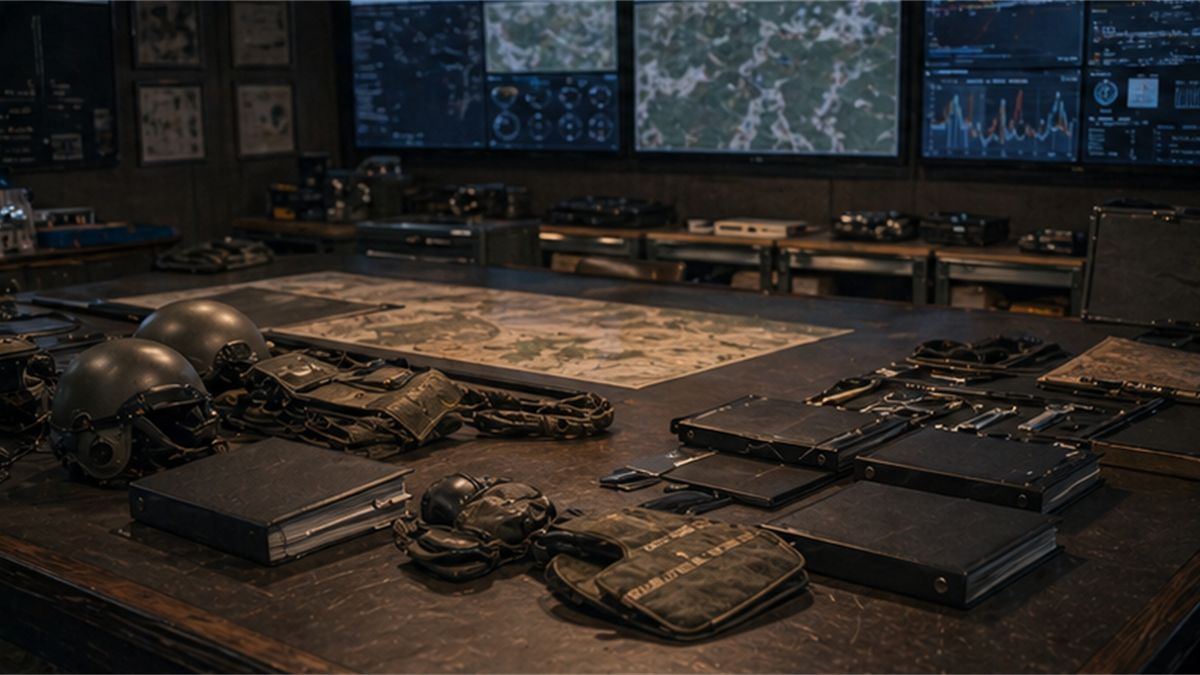 Armored training readiness room with maintenance tools, closed binders, and muted screens