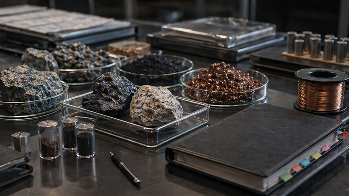 Critical mineral sample table with graphite, copper, and closed procurement folders