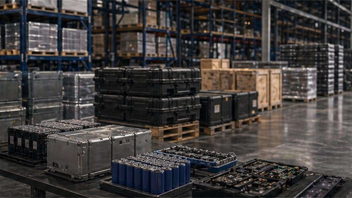 Battery and semiconductor component warehouse with sealed crates