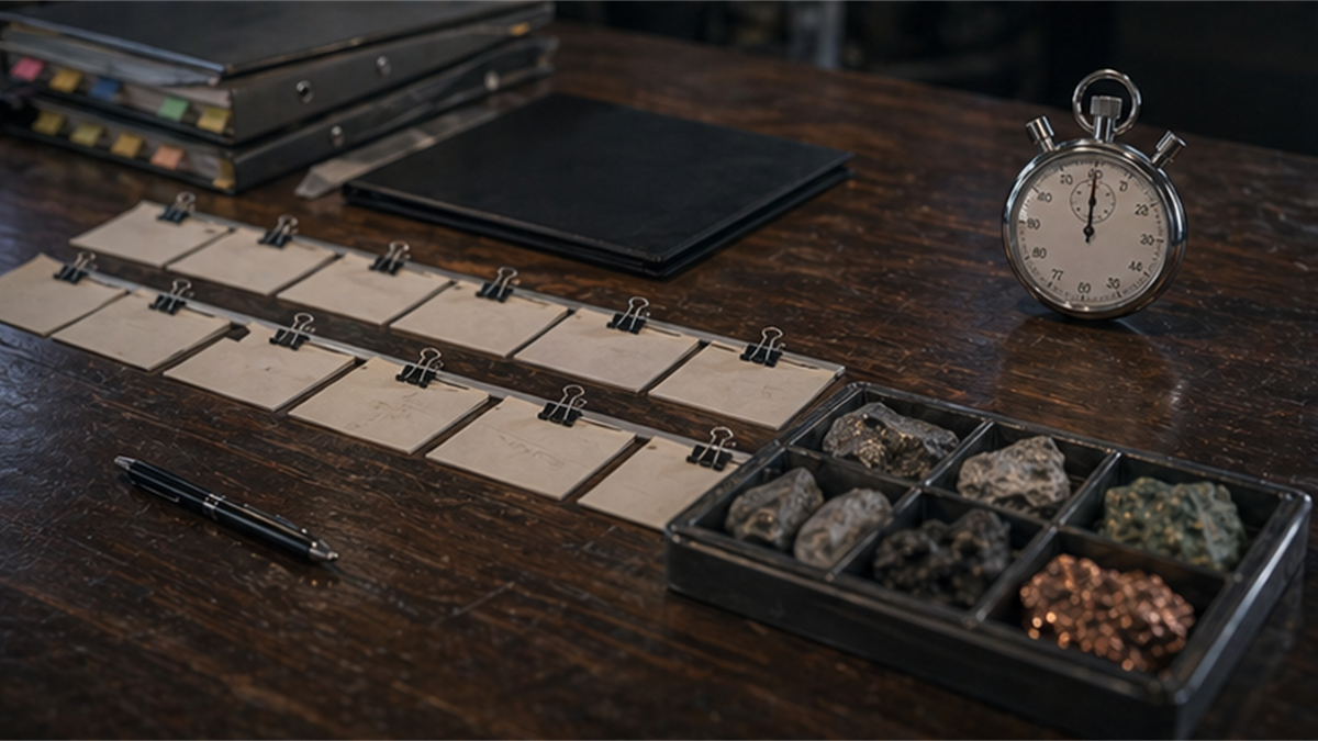 Project execution desk with blank schedule cards, stopwatch, and mineral samples