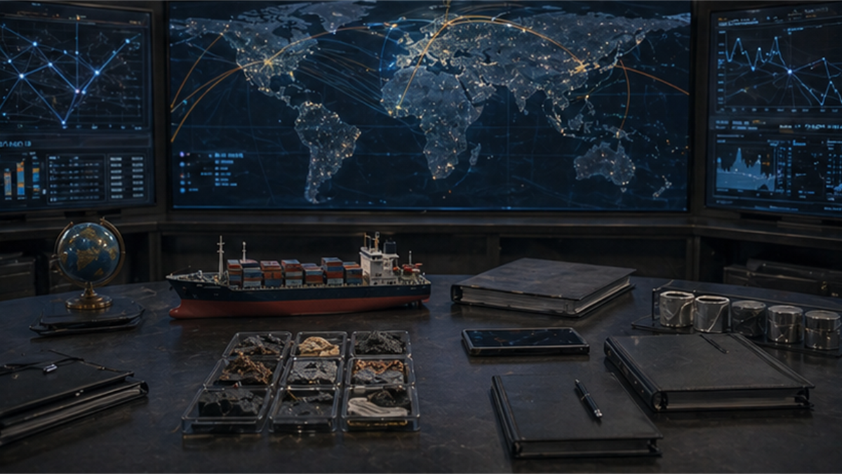 Strategic supply chain room with mineral trays, cargo ship model, and closed binders