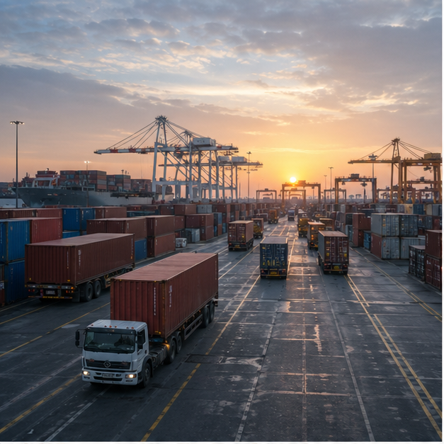 Port containers and customs terminal at dawn