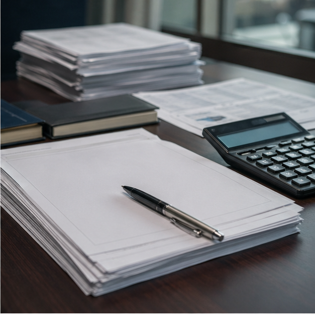Finance desk with blank refund paperwork and calculator