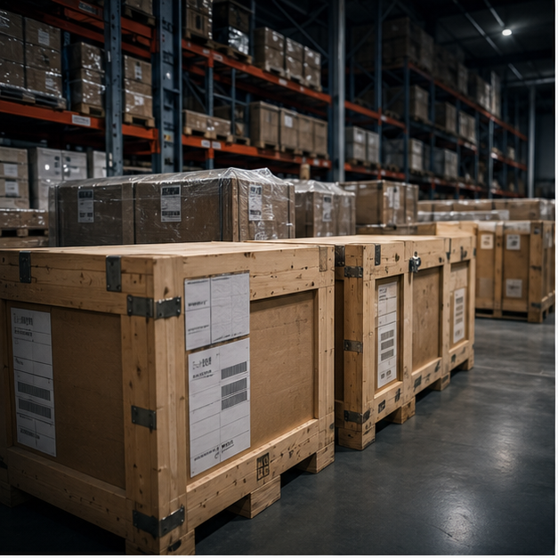 Defense logistics warehouse with sealed crates