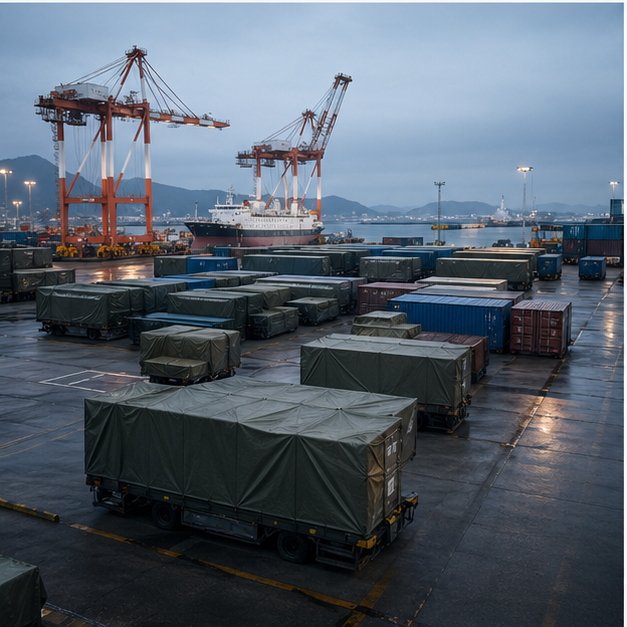 Port terminal with covered equipment containers