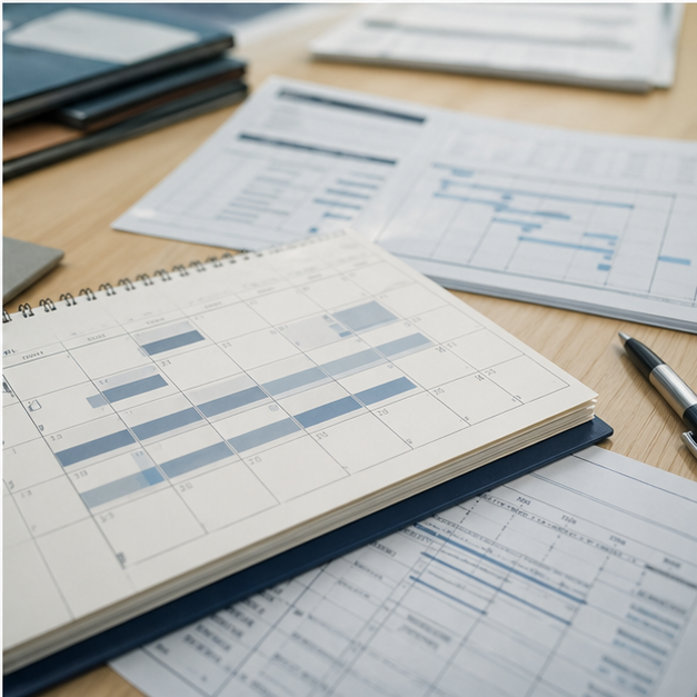 Delivery planning desk with blank calendar blocks