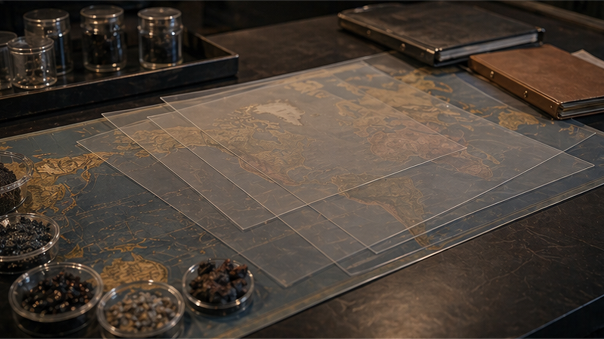 Analysis desk with overlapping transparent layers on an unlabeled world map, resource samples, and closed folders