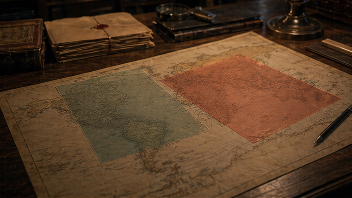 Archival map table with two colored overlays and sealed folders
