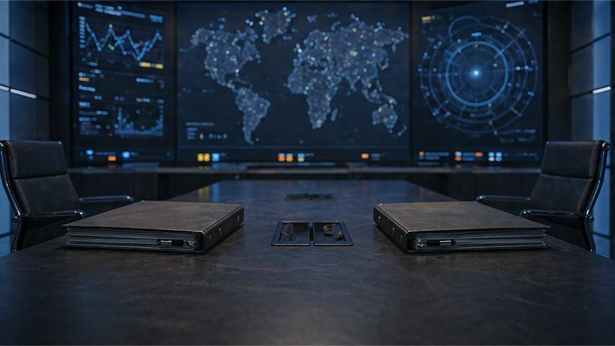 Empty security monitoring room with two closed binders facing each other across a table