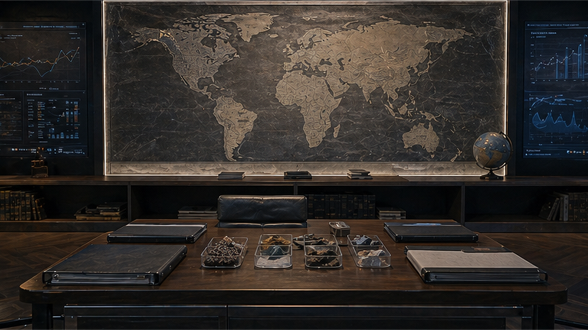Strategic analysis room with an unlabeled world map wall, closed folders, and mineral samples