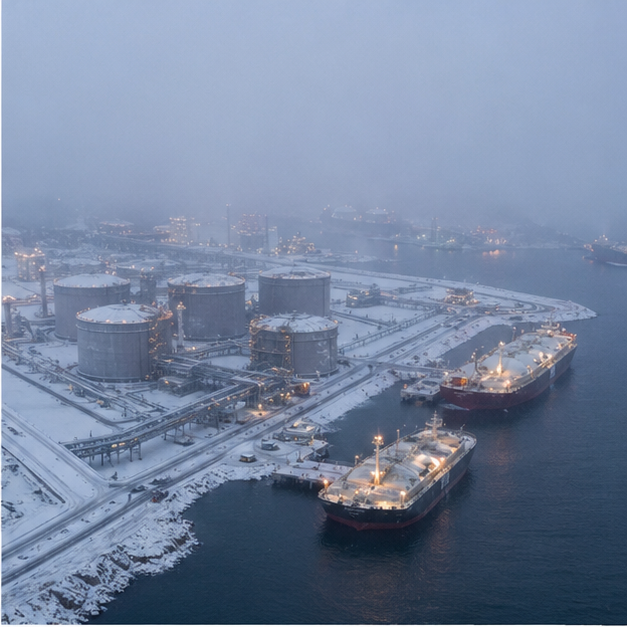 Winter port with LNG storage and snow haze