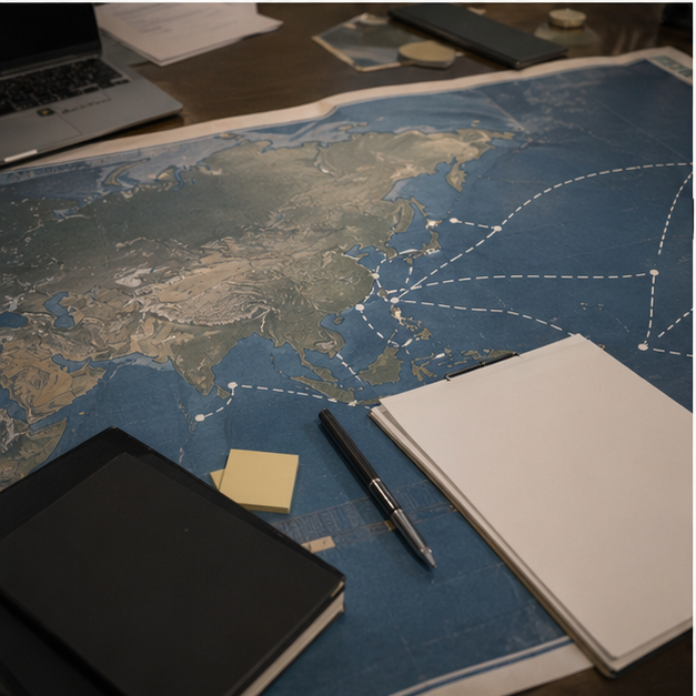 LNG route analysis desk with blank papers and abstract map