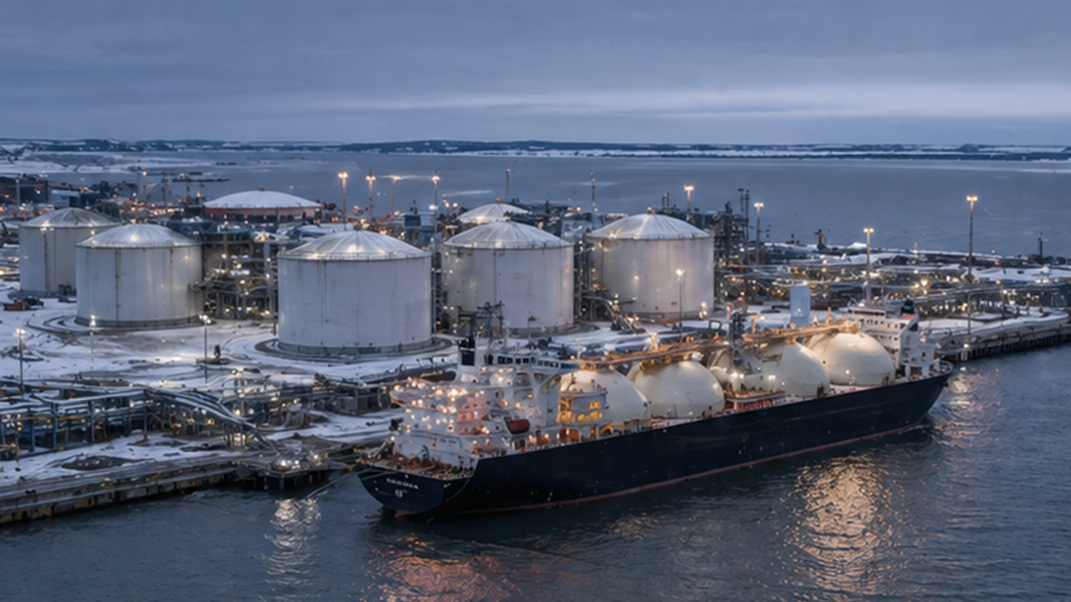 Arctic LNG terminal with storage tanks and a moored tanker in cold light