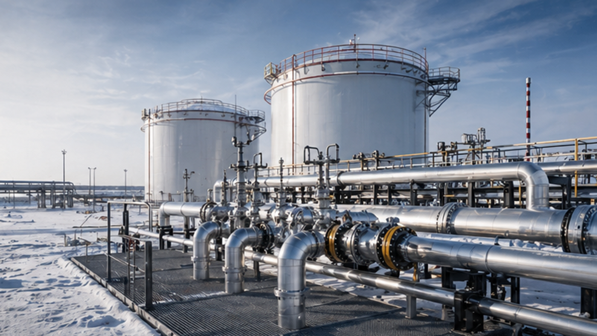 Condensate storage tanks and pipeline manifolds at a snowy energy facility