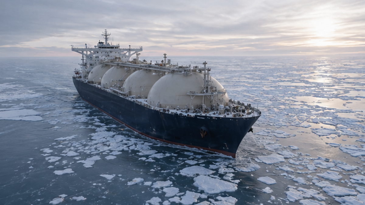 LNG tanker moving through icy water under a pale sky