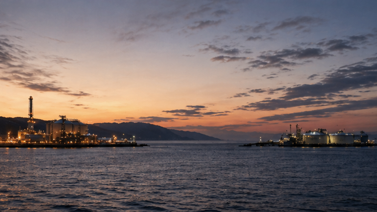 Two separate LNG terminal silhouettes across cold water at dusk