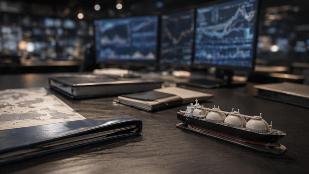 Energy logistics monitoring desk with tanker model and blurred screens