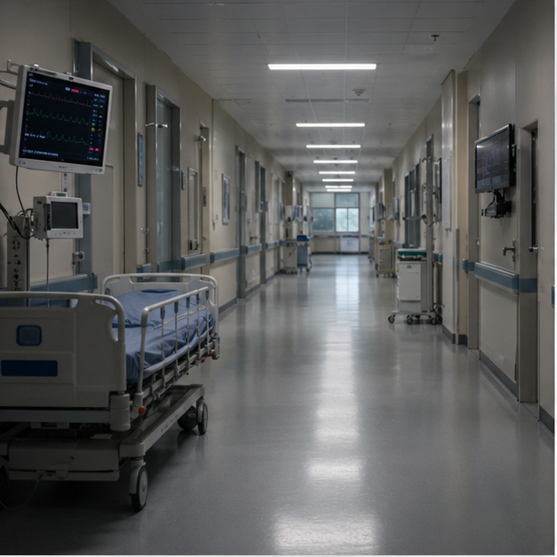 Empty hospital corridor with monitors and no readable text