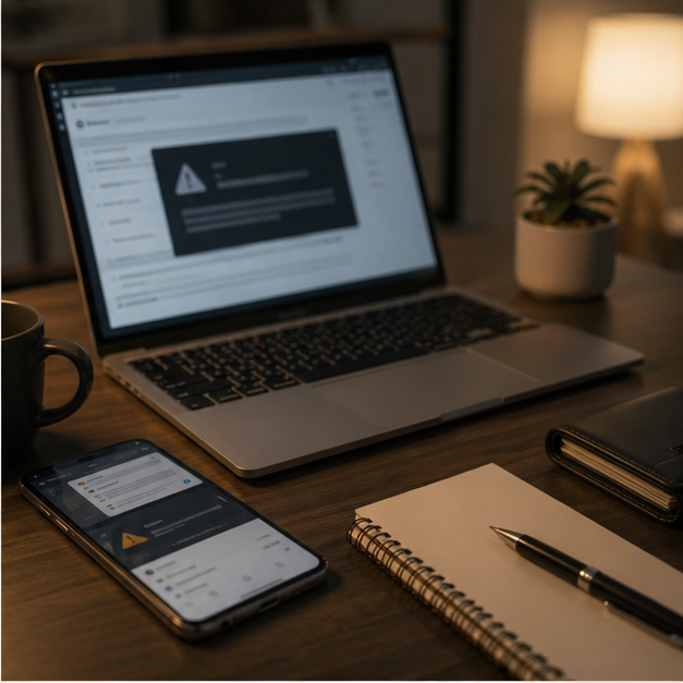 Home desk with cyber alert feel and no readable text