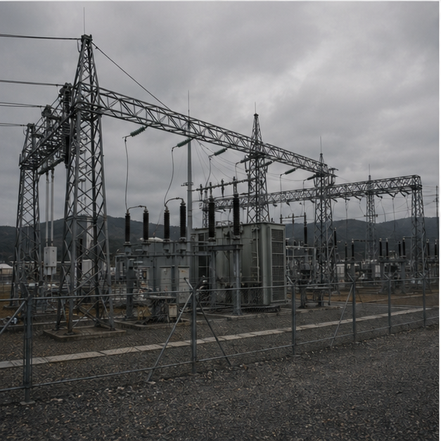 Power substation under gray sky