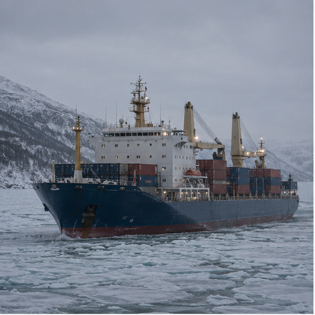 Ice class cargo vessel in cold northern waters