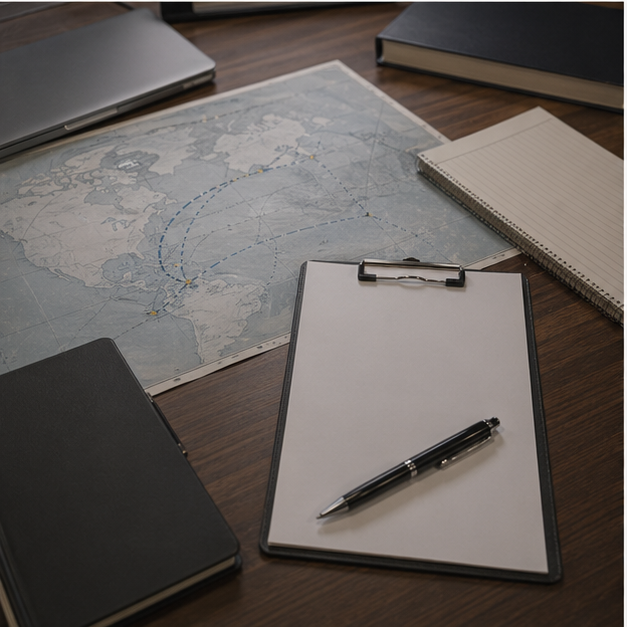 Marine insurance and route planning desk with blank documents
