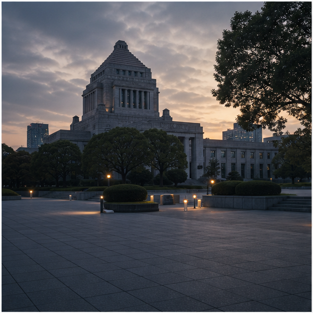 Government building and empty civic plaza at dusk