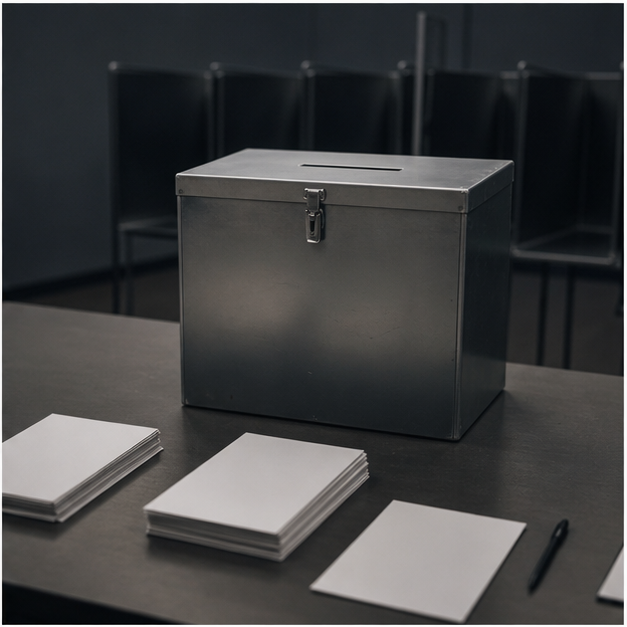 Blank ballot papers beside a sealed ballot box