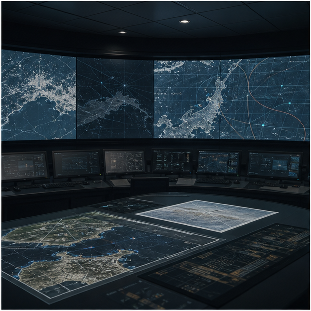 Defense planning room with abstract route maps