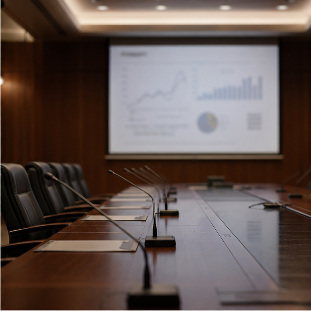 Central bank style meeting room with blurred chart screen