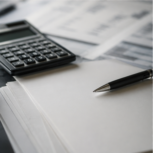 Bond market style desk with calculator pen and blank papers