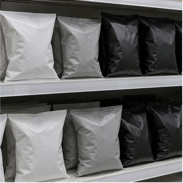 Plain monochrome snack packages on a quiet shelf