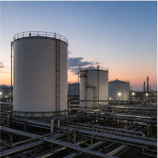 Unbranded petrochemical storage tanks at dusk