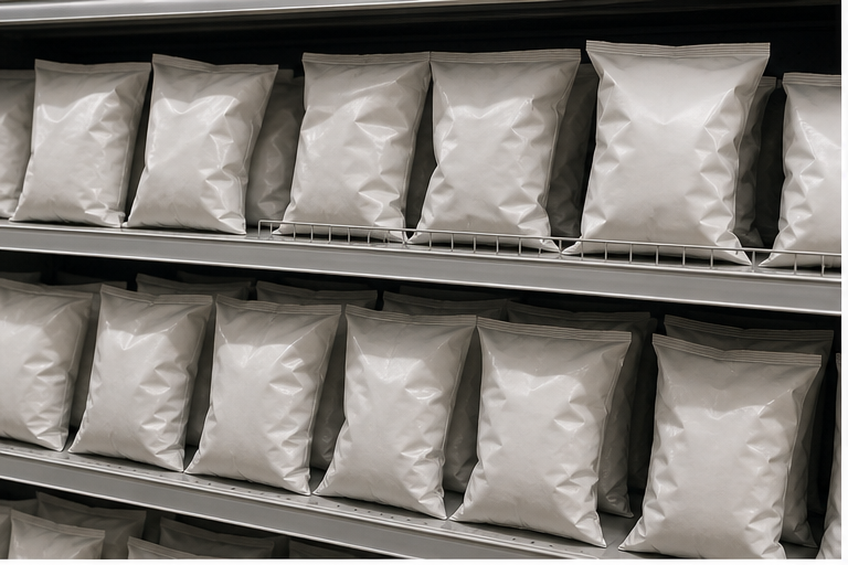 Plain monochrome snack bags on a supermarket shelf