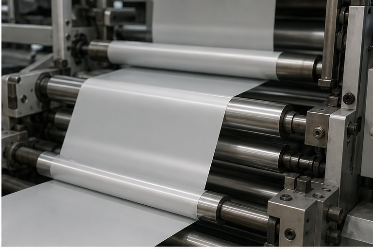 Industrial packaging film moving through metal printing rollers