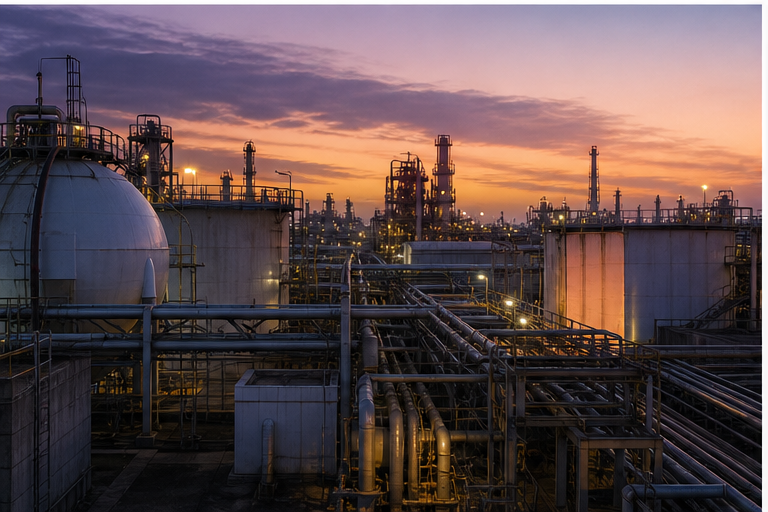 Petrochemical storage tanks and pipes at dusk
