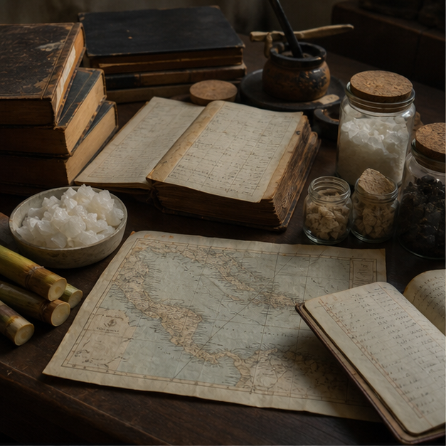 Archival Caribbean plantation records and sugar trade materials.