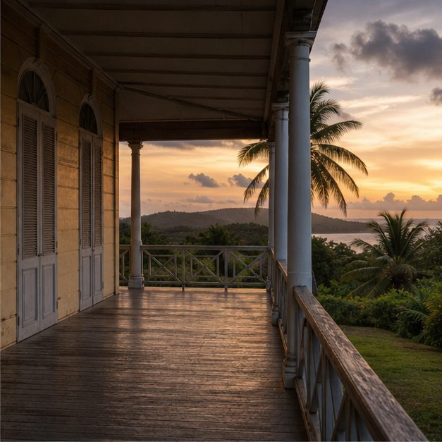 Empty plantation veranda surrounded by tropical vegetation.