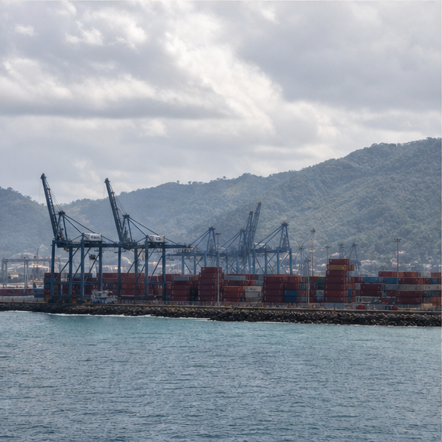 Modern Caribbean port cranes and container stacks.