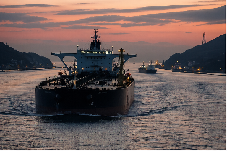 Large oil tanker moving through a narrow sea lane at dusk