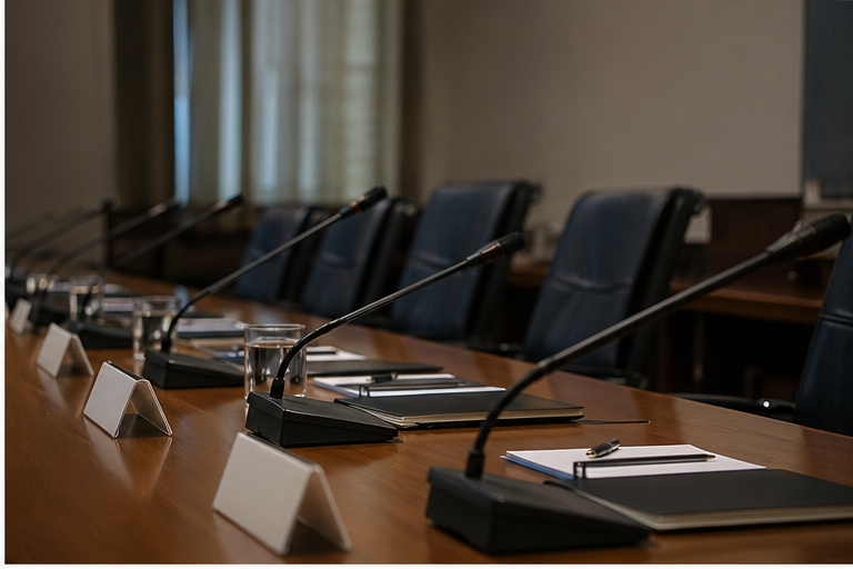 Quiet diplomatic conference room with microphones and blank nameplates