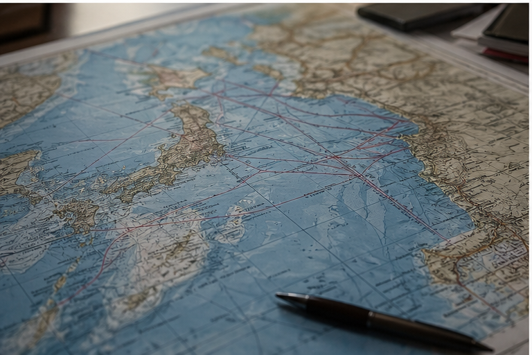 Close-up of a shipping route map on a desk with unreadable labels