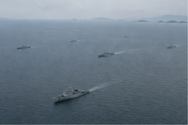 Unmarked patrol vessels spread across a gray sea lane
