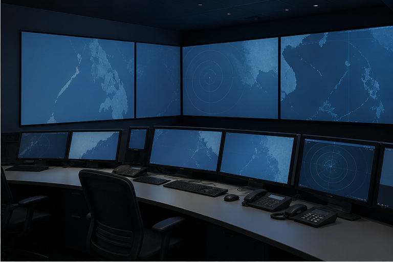 Quiet maritime monitoring screens without readable text