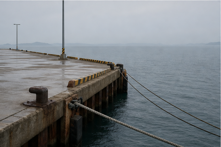 Empty pier facing a hazy maritime horizon